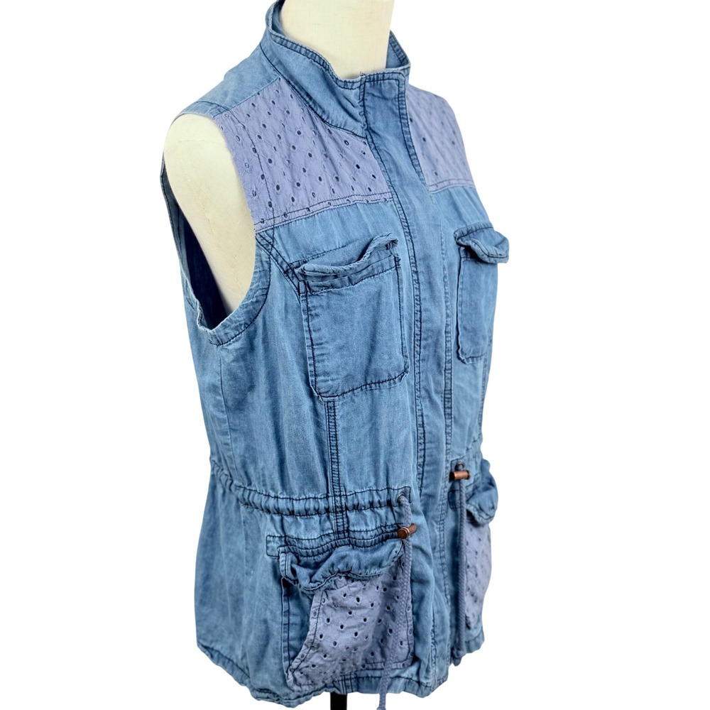 Chambray Denim L Utility Vest Eyelet Embroidery Cinched Waist Western Safari - Picture 4 of 9